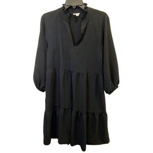 Cato Black Textured Tiered Ruffle Neck Long Sleeve Mini Dress‎ Size Small